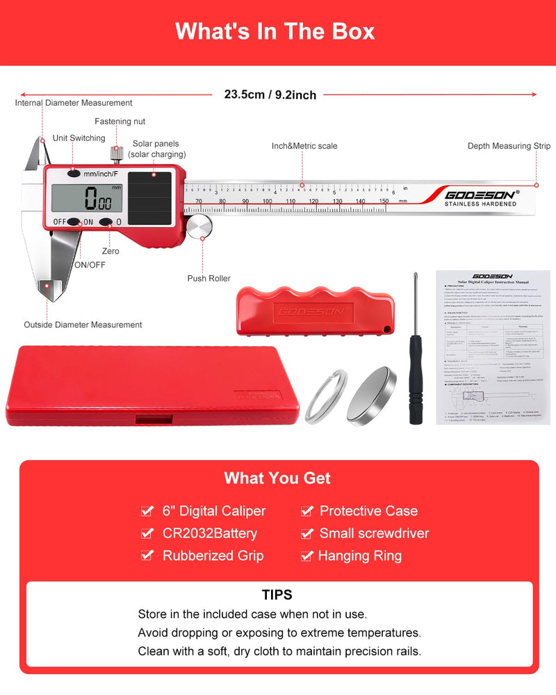 GODESON Solar Powered Digital Caliper, 6“ Digital Calipers with 0.001" Accuracy Stainless Steel, 3 Units Inch/mm/Fraction, 5 Modes Including Differential, for DIY Woodworking Metalworking 3D Printing