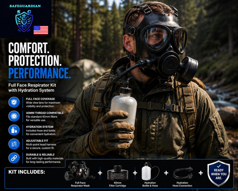 Full Face Respirator Mask with 40mm Filter & Hydration Kit