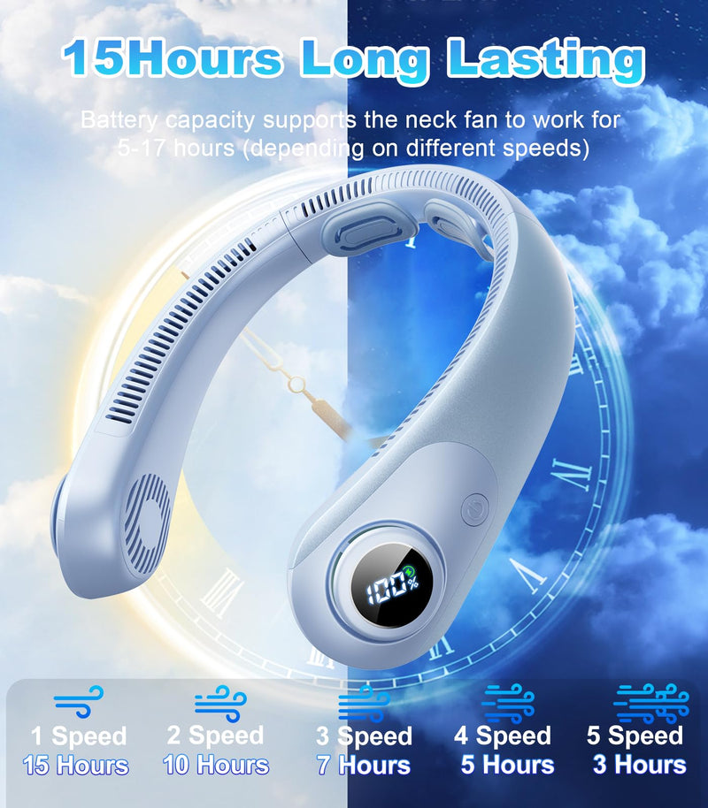Portable Neck Fan With LED Display, Hands-free 5 Speeds Cooling, Neck Support, Lightweight, Battery Operated, Personal Bladeless Fan Rechargeable, Gift for Women Men, Hot Flashes, Travel, Camping ocean blue