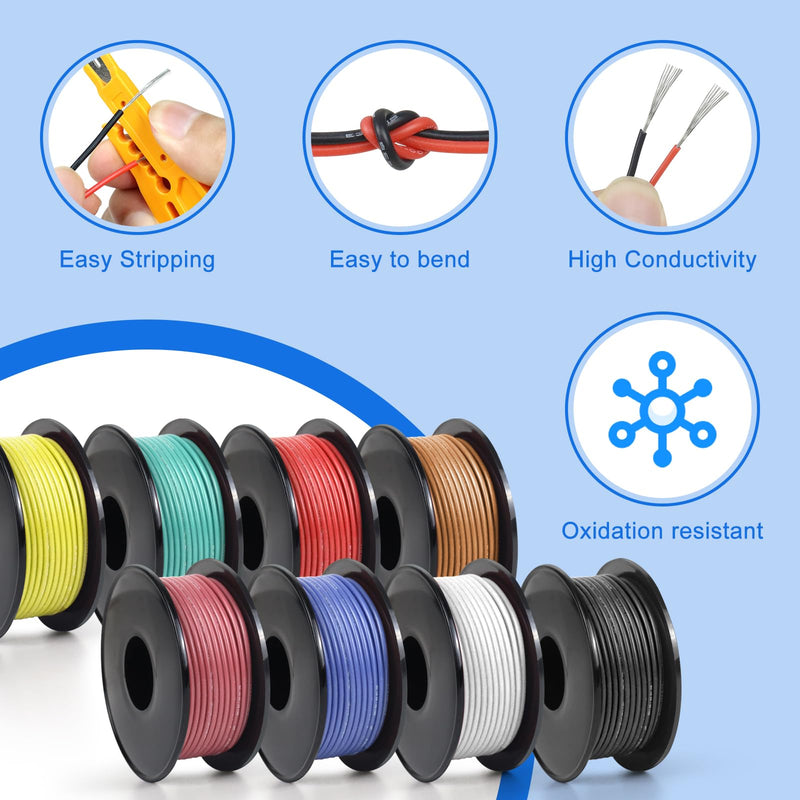 22 AWG Stranded Wire Spool, 16.5ft Each in 8 Colors - Silicone Electrical Tinned Copper Wire, 22 Gauge Flexible Hook Up Wire Kit for DIY, Automotive, Home, and Power Wiring 22AWG