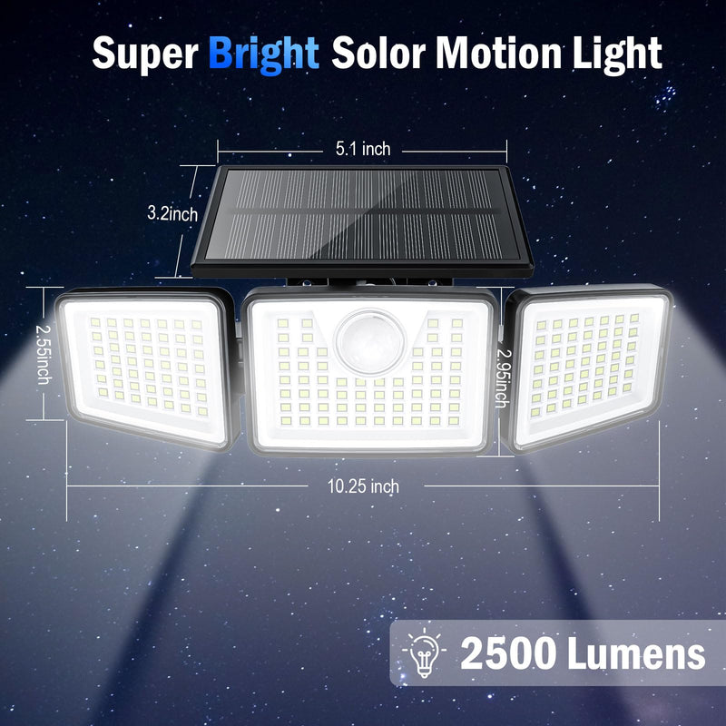 2500LM Solar Lights Outdoor with Motion Sensor,3 Head 270° Wide Angle Street Area Lights, IP65 Waterproof Security Lighting with 3 Modes(Non-Remote,2 Pcs) 3Head-Non-Remote-2 Pcs