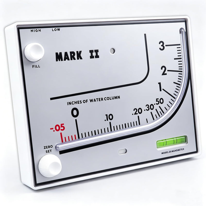 Mark II 25 Liquid Filled Manometer, 3" wc, 3% Accuracy for Pressure Testing | Ideal for furnace, duct, filter and gas pressure checks. Compatible with Dwyer
