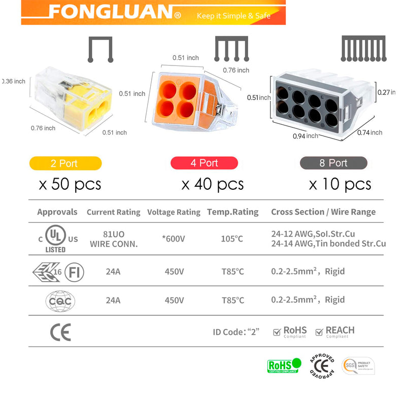 100pcs Push-in Wire Connector Splicing Terminals for Solid and Stranded Conductors with 2/4/8 Wires