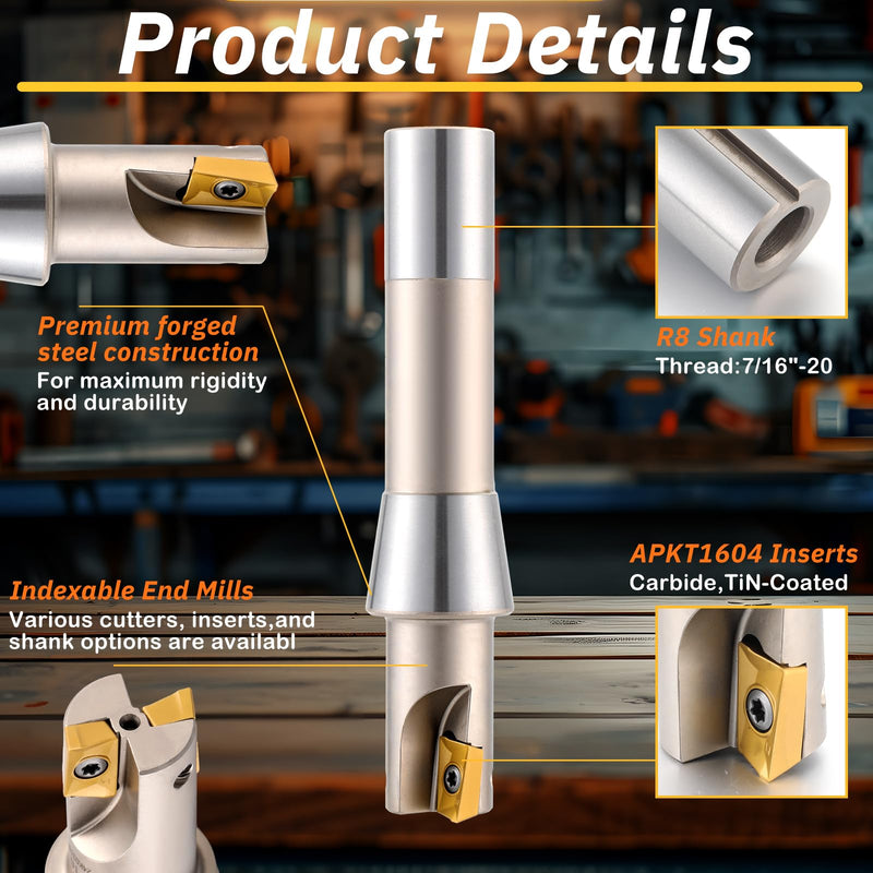 Duraaamo R8 Shank Indexable End Mill 1'' Diameter by 5-27/32'' Oal 90 Degree High Speed Milling Cutter with 2 Aptk1604 Carbide Inserts Industrial Tools