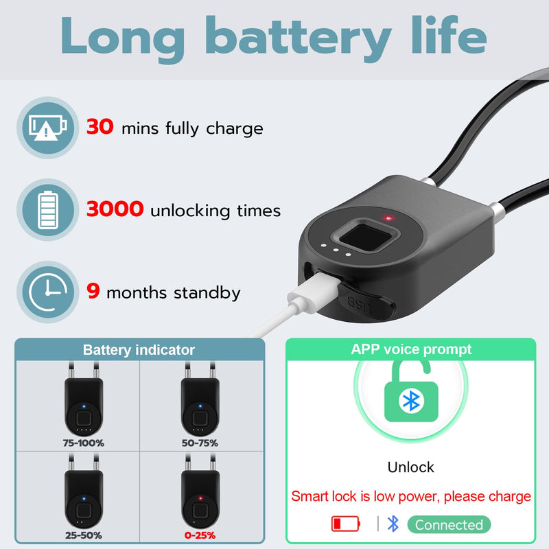 Fingerprint Cable Lock, 3.6'' Long Shackle Fingerprint Lock with Bluetooth APP, Smart Keyless Biometric Waterproof Outdoor Smart Padlock for Gate Fence Locker Cabinet Gym Backyard Black 3.6'' Shackle