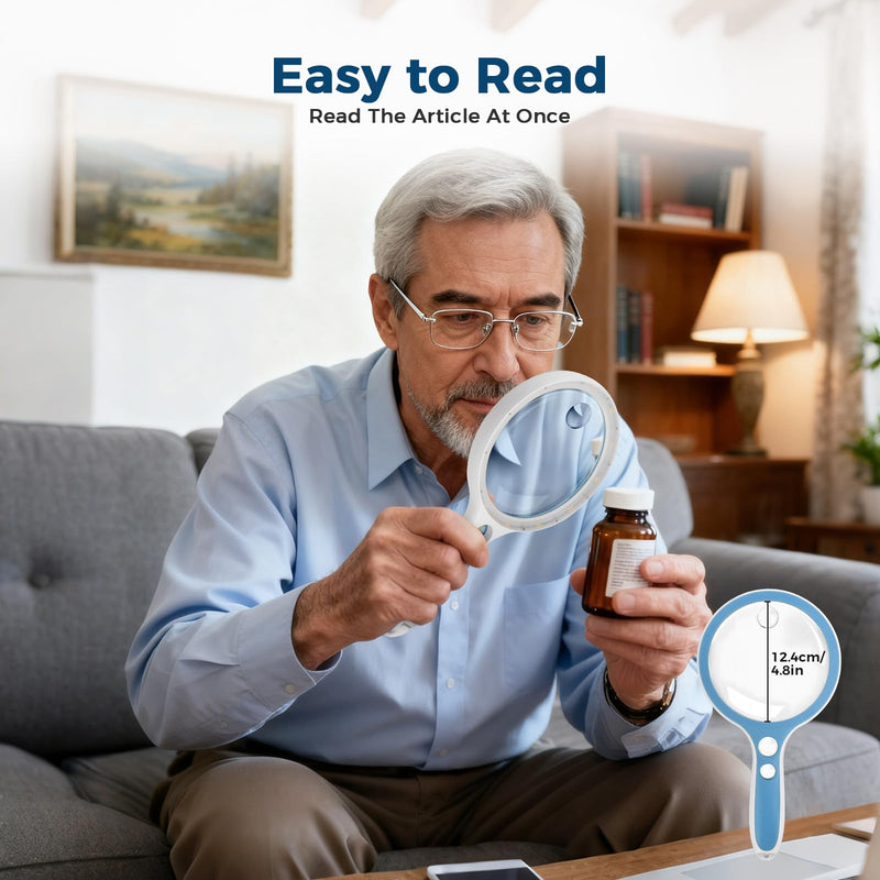 Large Magnifying Glass with Lights,10X 25X 45X 60X Handheld Illuminated Lighted Magnifier, 5in Page Reading Magnifier with 12 LED Lights for Seniors Reading, Coins, Jewelry, Close Work - Blue