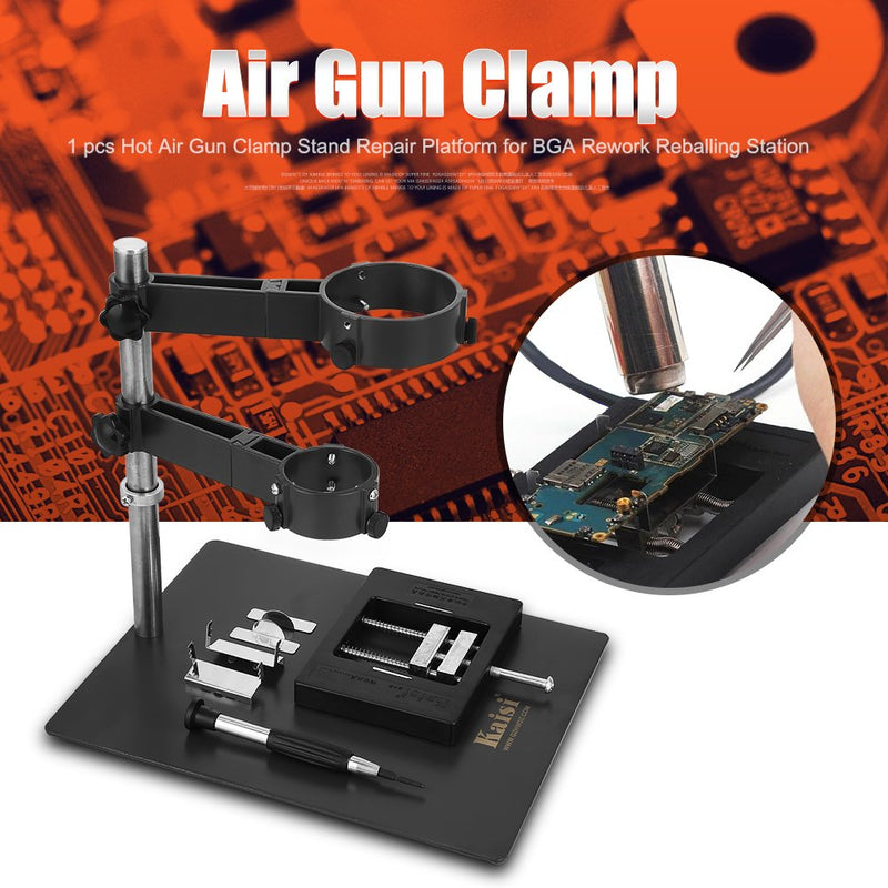 Heavy Duty Hot Air Gun Holder Cast Aluminum Base Clamp with 2 Fixtures for BGA Rework Soldering Station