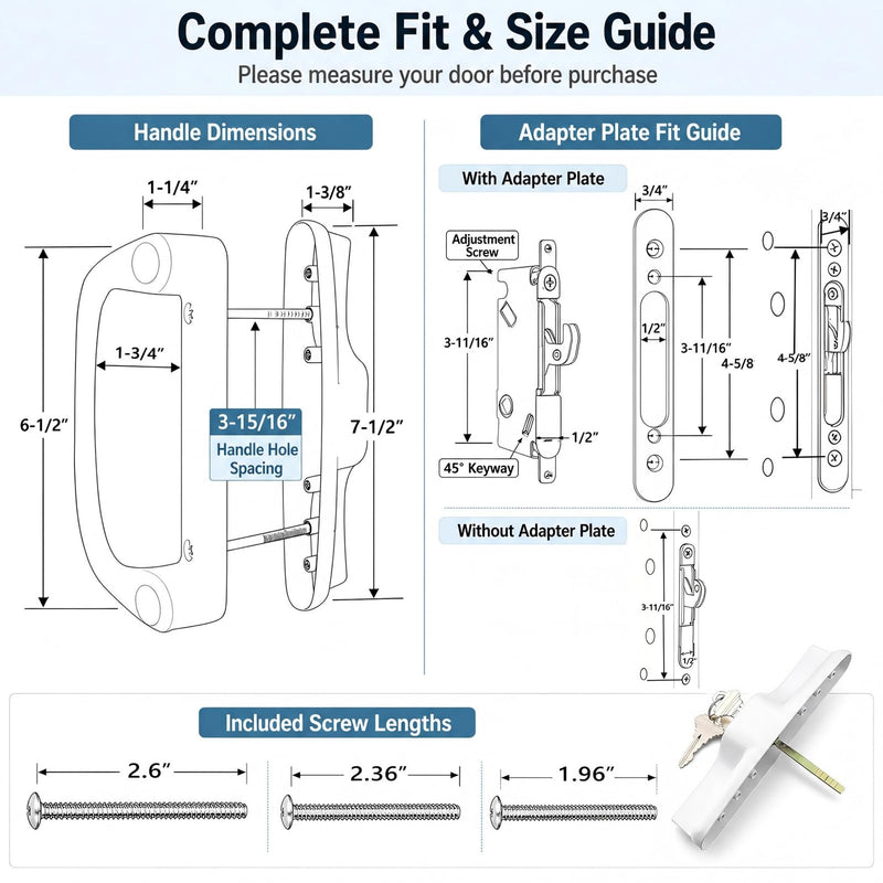 Universal Aluminum Sliding Glass Door Handle, Fits Offset & Centered 3-15/16" Hole Spacing, 1-1/2" to 2" Thick Patio Doors, Inline Replacement with Mortise Lock, Non-Handed, Durable White Lock Non-Keyed