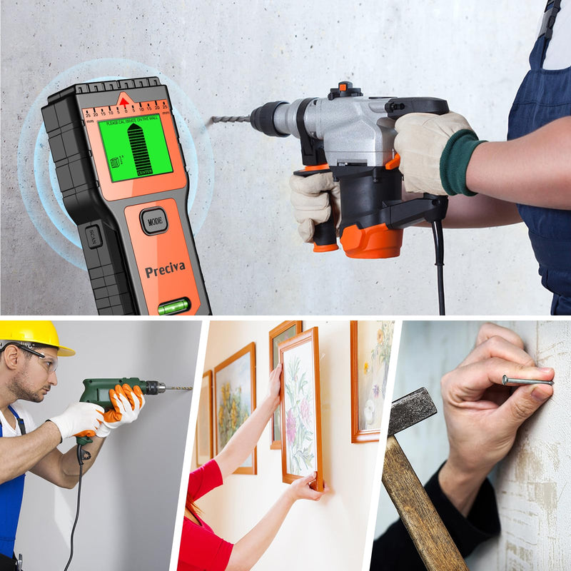 Stud Finder, Preciva Wall Scanner-8 in 1 Multifunctional Wall Detector with 6 Modes & 2 Functions for Studs, Wood, Metal, and AC Wires Detection (9V Battery Included) Orange