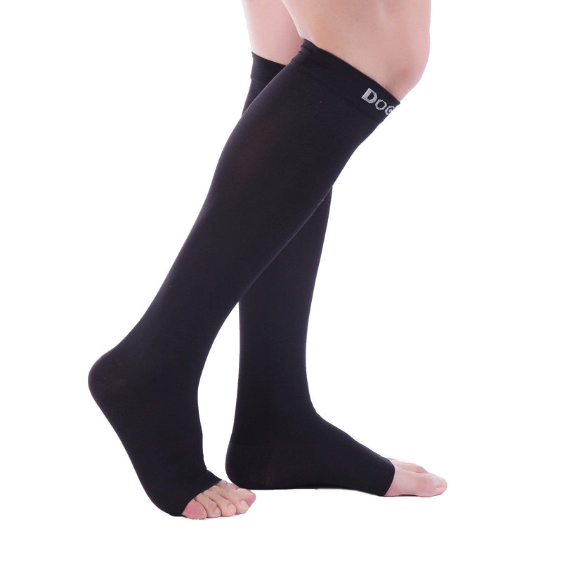 Doc Miller Open Toe Compression Socks, 20-30 mmHg, Toeless, Support Circulation, Shin Splints, Calf Recovery, Post Op, Knee High, Medical Grade, Black Socks, Large Size for Tall Men & Women, Pair Large Tall