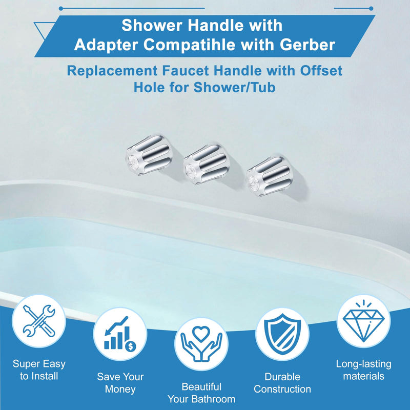 Coolfell 3 Piece Shower Knobs Replacement with 3 Extend Adapter, Compatible with Gerber Bathtub 3 Faucet Handle, 16 Point Broach Shower Handle for Short & Long Valve Stem