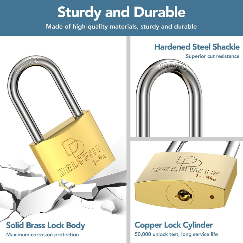 DELSWIN Weatherproof Padlock with Key - Heavy Duty Gym Locker Lock with 1-9/16" Solid Brass Lock Body, Hardened Steel Shackle, Marine Grade Pad Lock for Outdoor Gate, Fence, Shed (Keyed Alike, 2 Pack) 2Pcs Keyed Alike