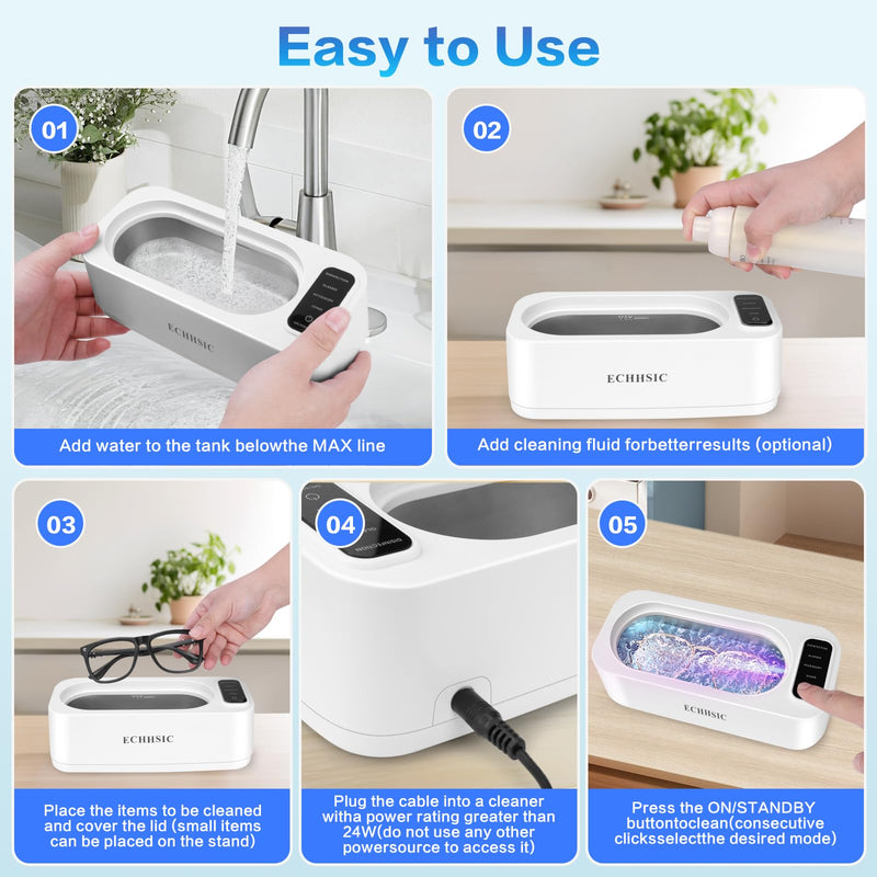 Ultrasonic Jewelry Cleaner 47kHz ultrasonic Cleaning Machine Suitable for Jewelry Rings, Glasses, dentures, Watch Straps Gentle and not Easily Damaged Items 304 Stainless Steel Tank Preferred Gift