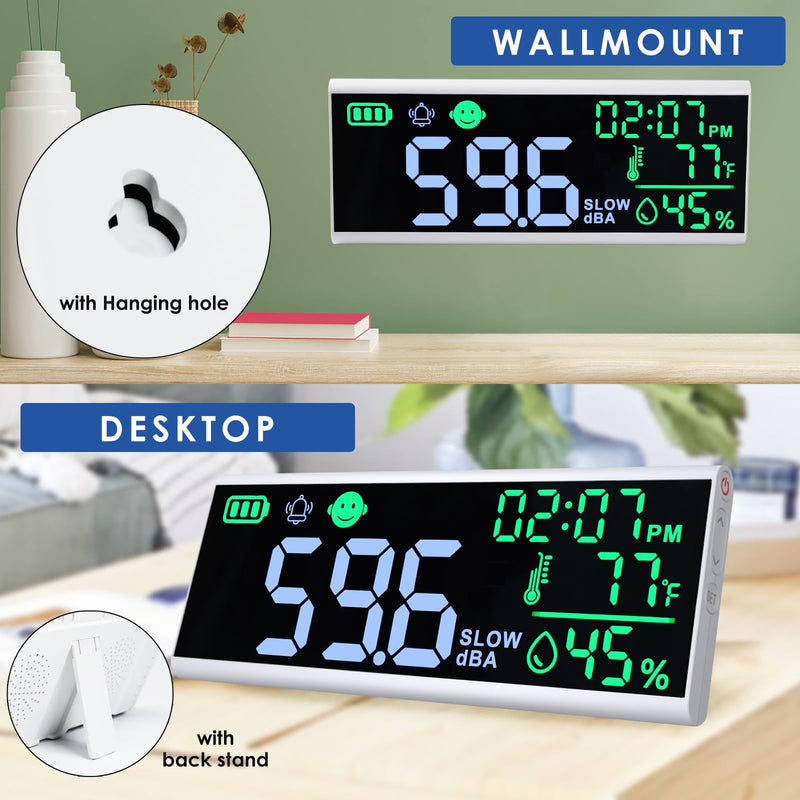 Decibel Meter 13 inches Sound Decibel Meter, Wall Hanging and Desktop Sound Level Meter Large LED Noise Meter Displays Decibel Time Temperature Humidity with Buzzer & Icons Alarm for Classroom Studio