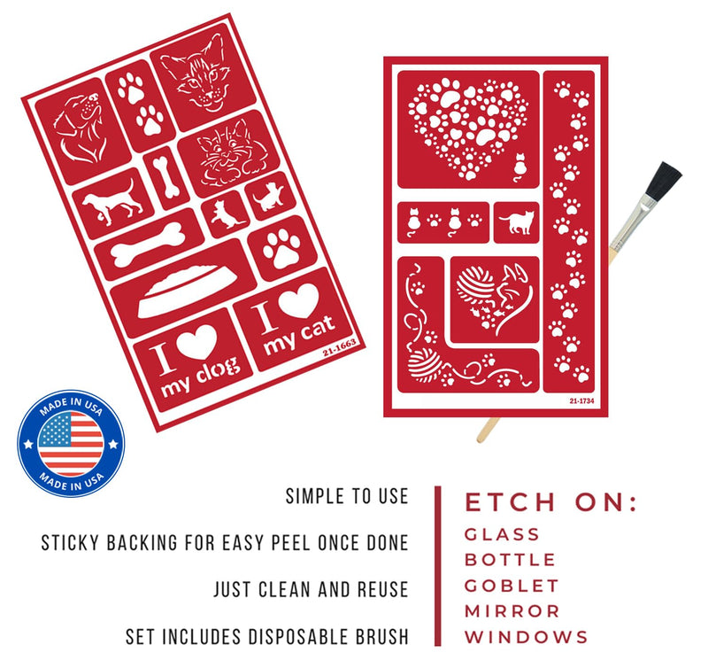 2 Etching Stencils Reusable Template - Kitty Stencils for Painting, Crafting - Kitty Cat Etch Stencil, Puppies, Cat Paw Print Theme - Self Stick Stencil Set with Brush