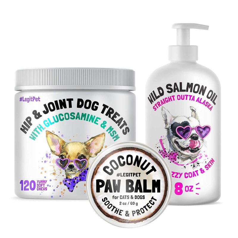 LEGITPET Hemp Hip & Joint Supplement for Dogs 120 Soft Chews and Wild Alaskan Salmon Oil for Dogs & Cats 8 oz and Paw Balm Wax Soother & Moisturizer Cream with Natural Food-Grade Coconut Oil Bundle