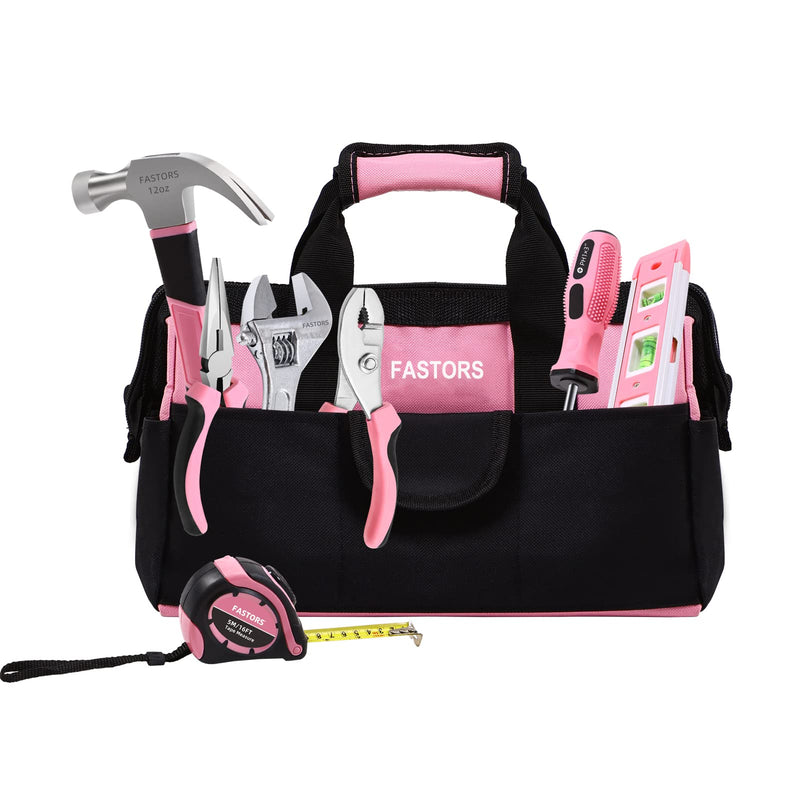 Pink Tool Bag for Women With 13-Inch Wide Mouth Double Zippers,Tool Bag With 8 Pockets Outside and 2 Pockets Inside(PINK) Pink