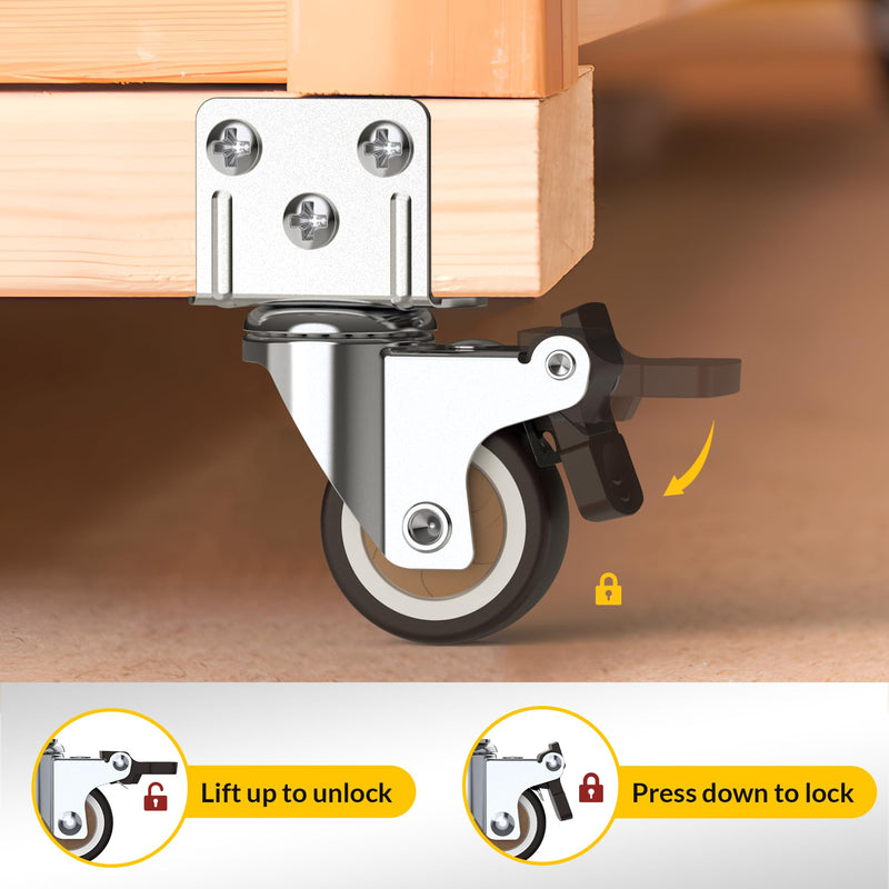 HOLKIE 2 Inch Side Mount Casters Set of 4 Supporting Up to 250 LBS Heavy Duty Furniture Wheels with Thickened L-Shaped Mounting Plate Ideal for Coffe Tables、Plant Stands、Cribs（2 with Brakes） 2 Inch upgrade