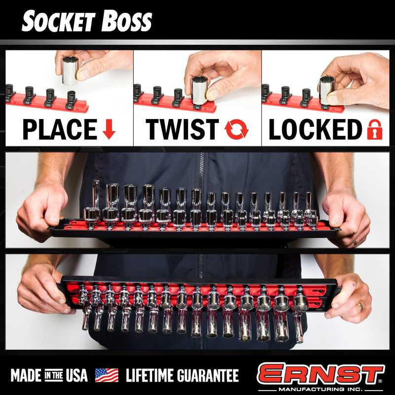 Ernst Manufacturing 8481 Socket Boss 3-Rail Multi-Drive Socket Holder Tray for Toolbox, Twist-Lock Secures Sockets, Green, Socket Holder Socket Clips for SAE, Metric Socket Sets - Made in USA 18-Inch