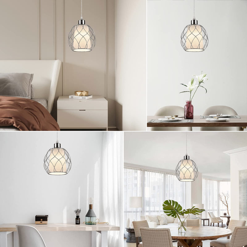 Plug in Pendant Light,Hanging Light with Plug in Cord,Silver Hanging Lamp with Dimmable Switch,15 ft Clear Cord,Hanging Light Fixture for Kitchen Island Living Room Bedroom (Bulb Included) Silver