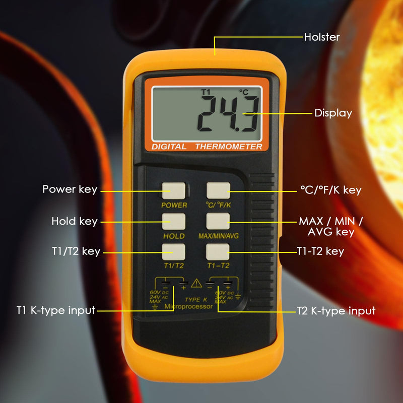K Type Thermocouple Thermometer (-50~1300°C), Dual Channels Digital Thermometer with 2 Temperature Clamp 2 Wired Thermocouple Probes, High Accuracy Temperature Kelvin Scale Meter Tester