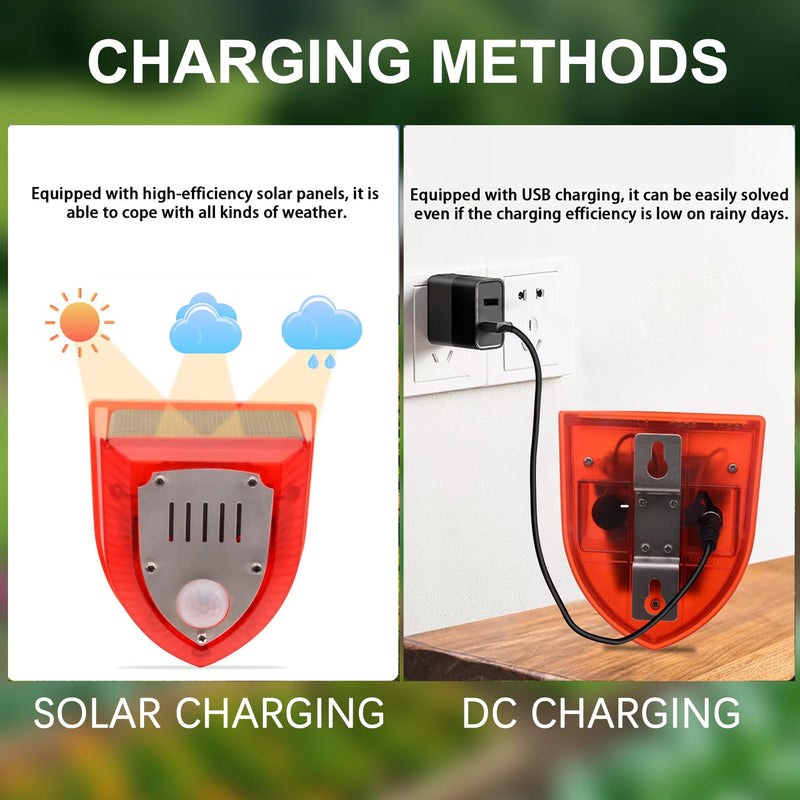 Solar Outdoor Motion Sensor Alarm - Dog Barking&Gunshot Sound 129db, Light Strobe Light Warning Lamp with USB, Motion Detector Noise Maker Warning Lamp for Home, Villa, Farm, Barn, Yard (2 Pack) Induction & Dog Gun 2PCS