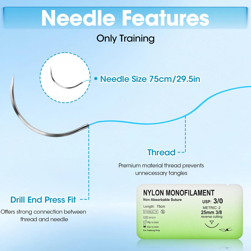 Suture Practice Thread with Needle Kit, Suturing Thread for Students Training Only, 3/0 Nylon Monofilament Stitches Knot Tying Kits for Sutures Pads, Fruit peels(12 Pack) noly-3/0-12