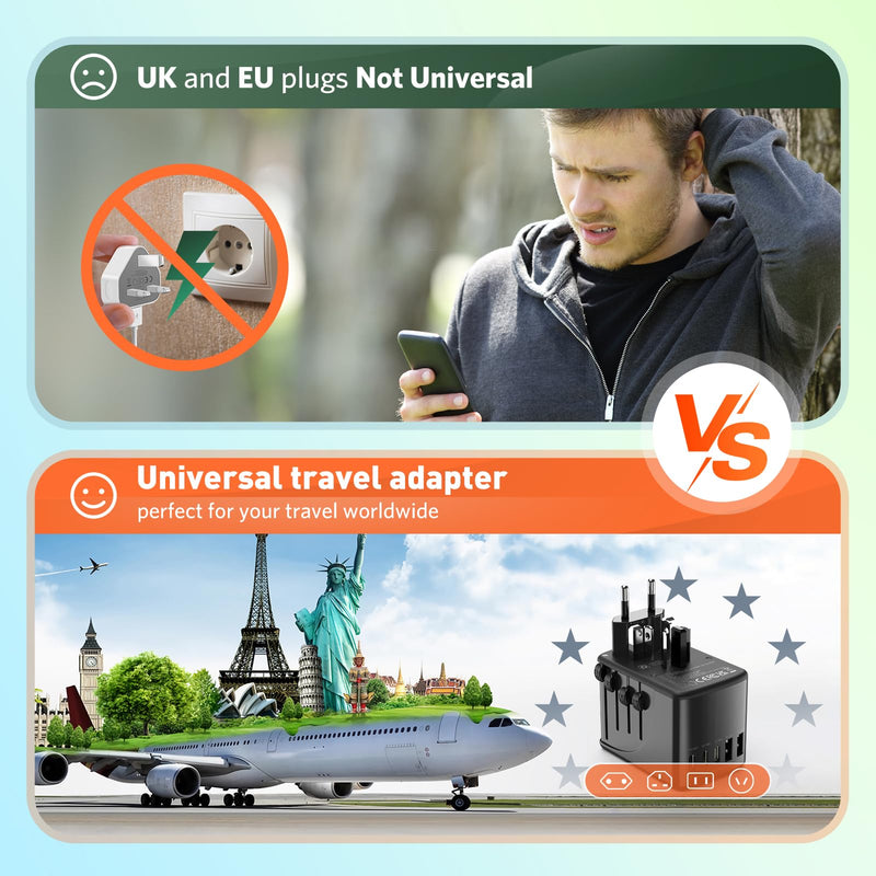 Universal Travel Adapter International Plug - European Travel Plug Adapter Worldwide US AUS EU UK Spain Germany Ireland Italy - All-in-one Travel Outlet Power Adapter with 3 USB C 2 USB A