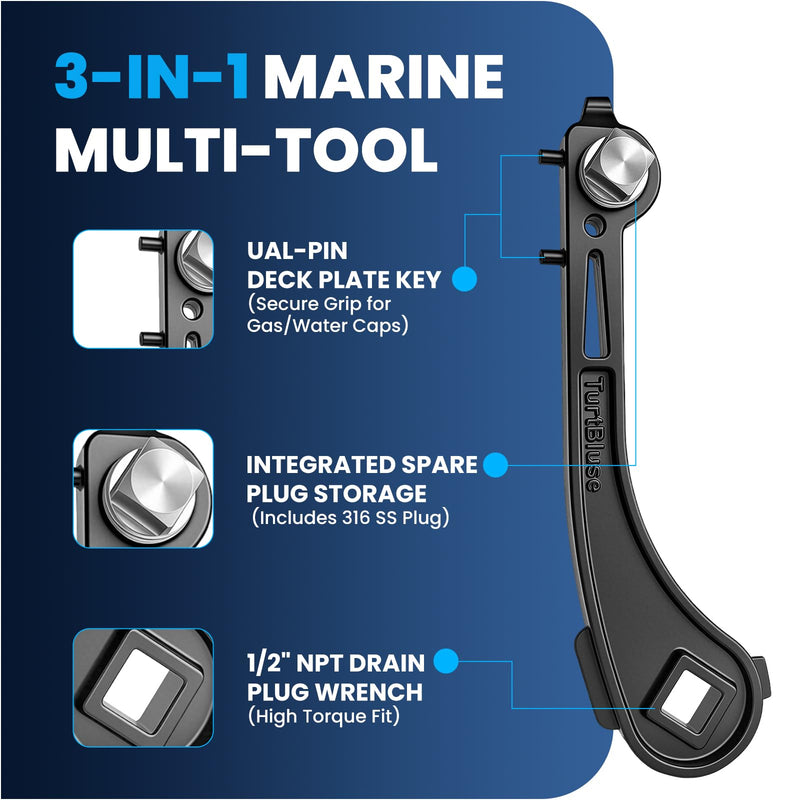 3-in-1 Boat Drain Plug Wrench,316 Stainless Steel Boat Plug Tool with Spare Brass Plug Storage & Boat Gas Cap Key,Fits 1/2 Inch NPT Boat Drain Plug,Black Coated,Corrosion Resistant