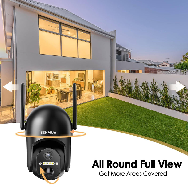 SEHMUA Solar Security Cameras Wireless Outdoor, 2K 360° View Battery Powered Outdoor Camera, WiFi Home Security with Spotlight Color Night Vision, PIR Sensor Black Wi-Fi