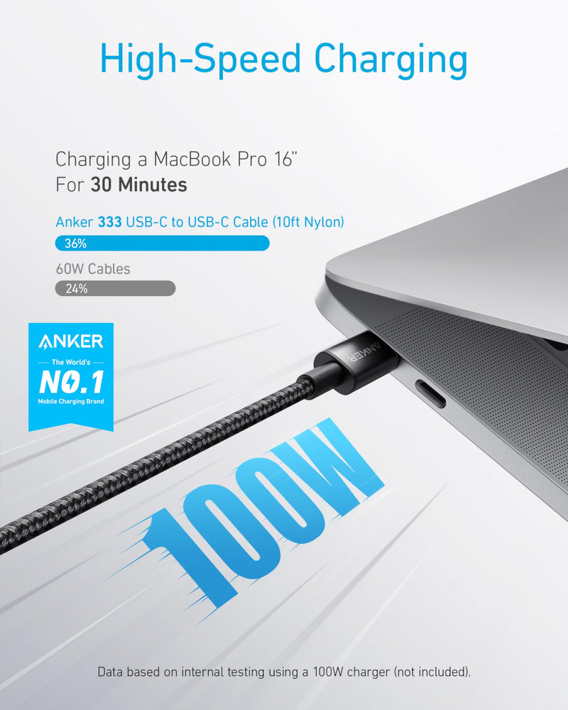 Anker USB C to USB C Cable, Type C Charging Cord Fast Charge(10FT,100W), for iPhone 16/16 pro, MacBook and More(USB 2.0,Black) 10FT Black 1