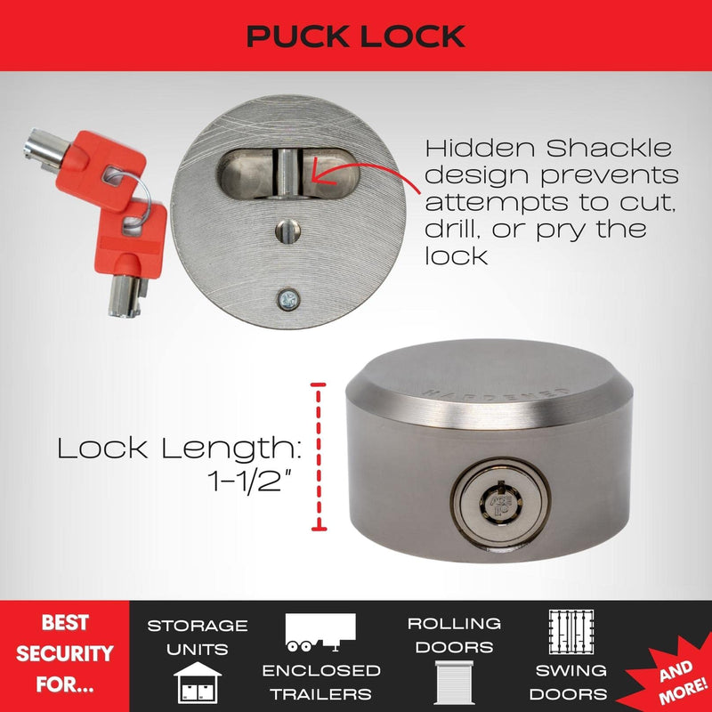 Equipment Lock Puck Lock - Stainless Steel, Multi-Use Uncuttable Lock - Ideal for Gates, Sheds, Roll-Up Doors or Trailers - Padlock Replacement (Keyed Differently) Keyed Differently