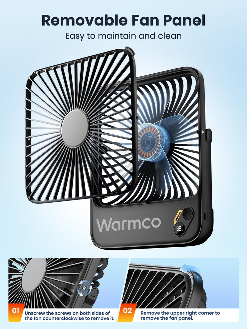 Warmco 10000mAh Portable Travel Fan 7-inch, Max 24H Runtime, Ultra-thin Quiet Rechargeable Battery Operated Desk Fan with Digital Display for Camping, Office, Bedroom, Cruise Essentials Black