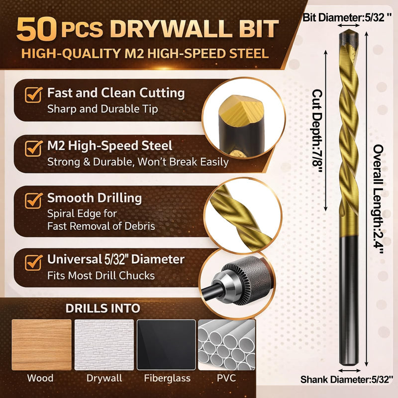 Tondiamo 50 Pcs 5/32 Drywall Router Bits Drywall Guidepoint Cutting Bits M2 High Speed Steel Spiral Cutout Tool for Use with Spiral Saw 5/32"