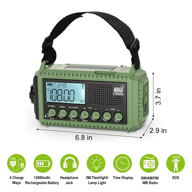 Raynic Emergency Radio, 12000mAh/44400mWh Battery Operated Weather Radio, Solar Hand Crank Radio with AM/FM/SW/NOAA Alert, Cell Phone Charger, Type-C Charging, Flashlight and SOS Siren Olive-Green-LCD Display