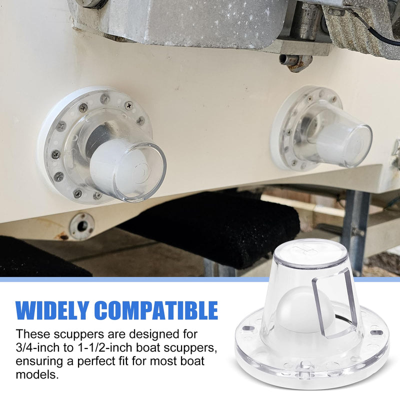 Self-Bailing 2-7/8 in. Scupper Valve Kit, Clear – One-Way Automatic Drain Valve for 3/4" to 1-1/2" Openings, Heavy Duty Marine Scupper Replacement with Mounting Hardware 4PCS