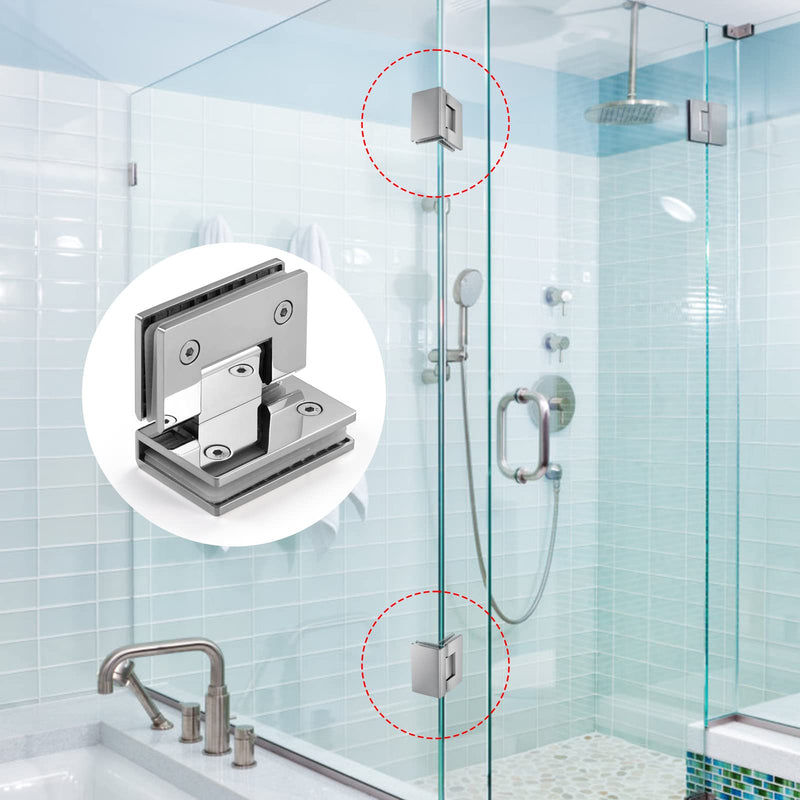 Ranbo 90 Degree Shower Glass Door Hinge, Polished Chrome, 1 Pack | solid 5mm-thick 304 stainless steel, glass to glass mount, for 5/16"-1/2" (8mm-12mm) thick frameless doors