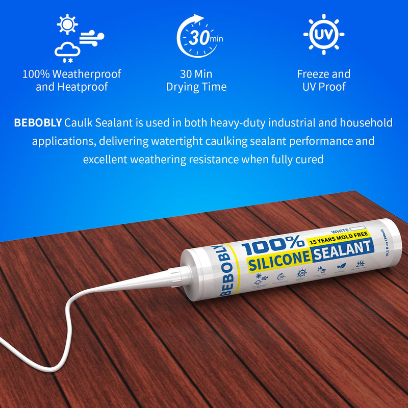 White Silicone Caulk & Sealant, 100% Waterproof Silicone Sealant Caulking, Shrink & Crack Proof, Silicone Caulking for Kitchen, Bathroom, RV, Interior & Exterior Use, 10.2 FL. OZ/300ML, 1 Pack