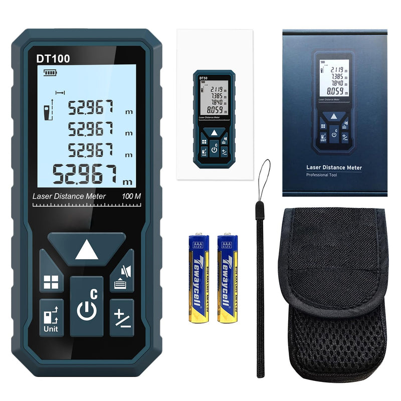 HANMATEK Laser Measure 328 Feet Digital Laser Tape Measure M/in/Ft Unit Switching Backlit LCD and Pythagorean Mode, Measure Distance, Area and Volume - Hand Strap and Battery Included DT100 328ft