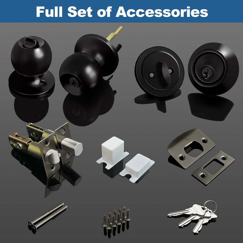 BESTTEN 2 Pack Keyed Same Exterior Door Knobs and Single Cylinder Deadbolts Combo Set, Keyed Alike Entry Door Knobs with Locks and Keys for Entrance and Front Door, Matte Black 2 PK Deadbolt Lockset
