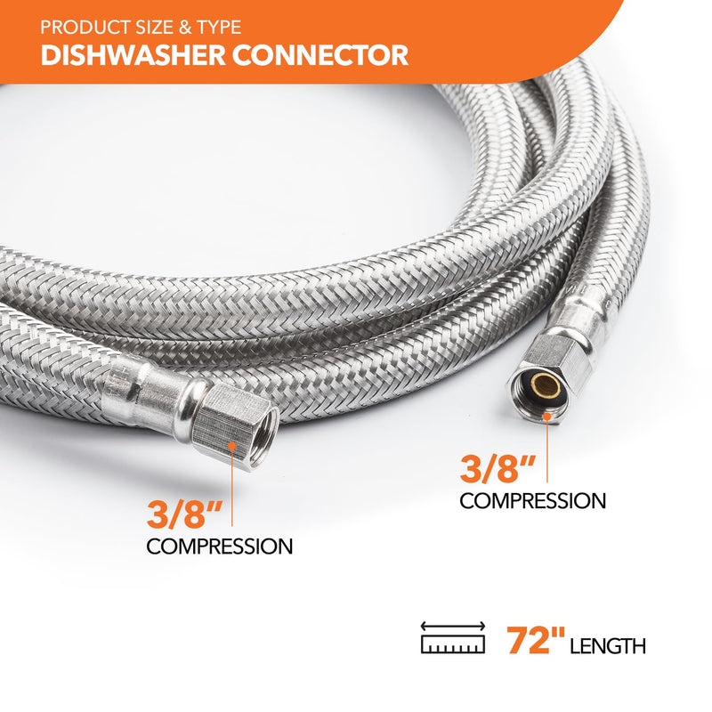 Universal Dishwasher Hose Kit, 3/8" x 3/8" Compression, 6ft long Braided Stainless Steel Hose + 3/4" Hose Bibb Elbow + 3/8" Compression Elbow + 3/8" Compression Adaptor + 1/2" Compression Adaptor Dishwasher Kit 3/8"Cx3/8"C + Elbows (2) + Adapters (2)
