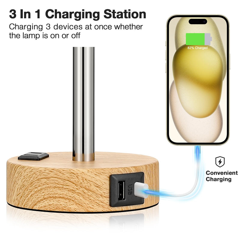 Bedside Table Lamp for Bedroom - 3 Way Dimmable Touch Lamp USB C Charging Ports and AC Outlet, Small Lamp Wood Base Round Flaxen Fabric Shade for Living Room, Desk, LED Bulb Included Cream Shade-Wood Base 14" Touch Control