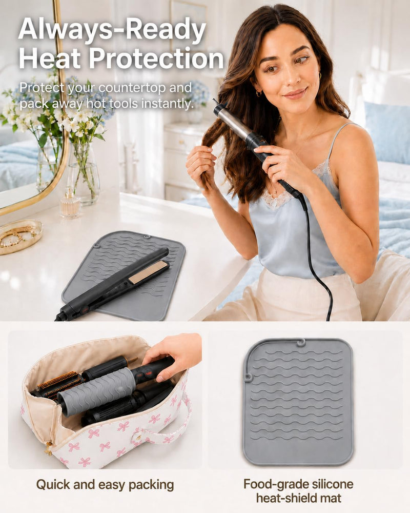 Hair Tool Travel Bag With Heat Resistant Mat, Large Capacity Hot Tool Bag & Hair Tool Organizer Bag for Curling Iron, Flat Iron, Hair Dryer, Hair Accessories Organizer, Travel Essentials for Women pink bow