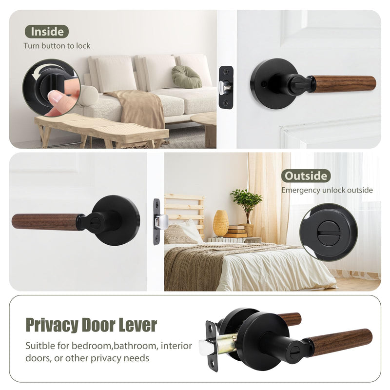 Walnut Wood Privacy Door Lever - Reversible Keyless Locksets Door Handles for Interior Bedrooms&Bathrooms, Zinc Alloy Base (Black, Privacy) Black