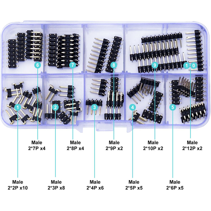 2.54mm SMD Header Connector Kit, 2 Row Male Pin Header Strip, Black, Plastic, PCB Mount, 252 Contacts, 100 Positions, 2 Poles, 2-12P, DIY Electronics Hobbyists 2 Row-Male-Pins