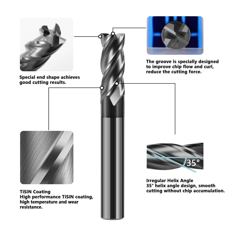 1/2" Carbide End Mill Bits Set for Alloy & Hardened Steels - Hrc55 Micro Grain, 4-Flute Milling Cutter with AlTiN Coating, CNC Router Bits, High-Performance Milling Bits 1/2 in