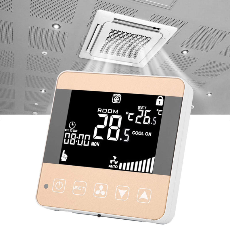 Digital Fan Coil Thermostat for Central AC - Smart Programmable Temperature Controller with LCD Display (5-35°C Range) - 4 Speed Modes, Universal for HVAC Systems (AC200-240V) General Type