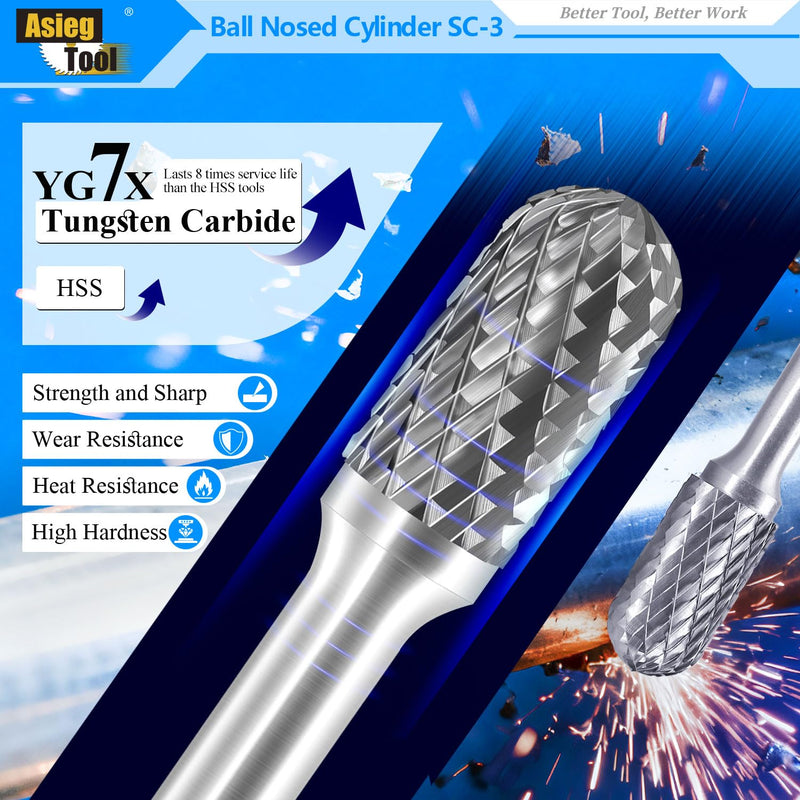SC-3 Tungsten Carbide Burr Rotary File Cylindrical Ball Nose End Shape Double Cut for Die Grinder Drill Bits 1/4'' Inch Diameter of Shank and 3/8'' Inch Diameter of Cutter 3/4'' Inch Cutter Length SC-3