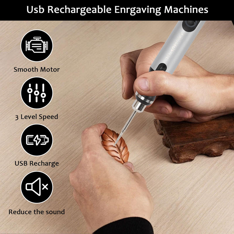 Electric Engraving Pen with 37 Bits, USB Rechargeable Cordless Etching Engraving Tool, Portable DIY Rotary Engraver for Jewelry Wood Glass Stone Carving (Silver) Silver