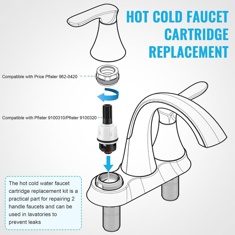 Dreyoo 2 Pack Hot Cold Faucet Cartridge Replacement Compatible with Pfister 9100310/Pfister 9100320, with Waterproof Silicone Grease, Hot Cold Water Handle Faucet Ceramic Cartridge Kit